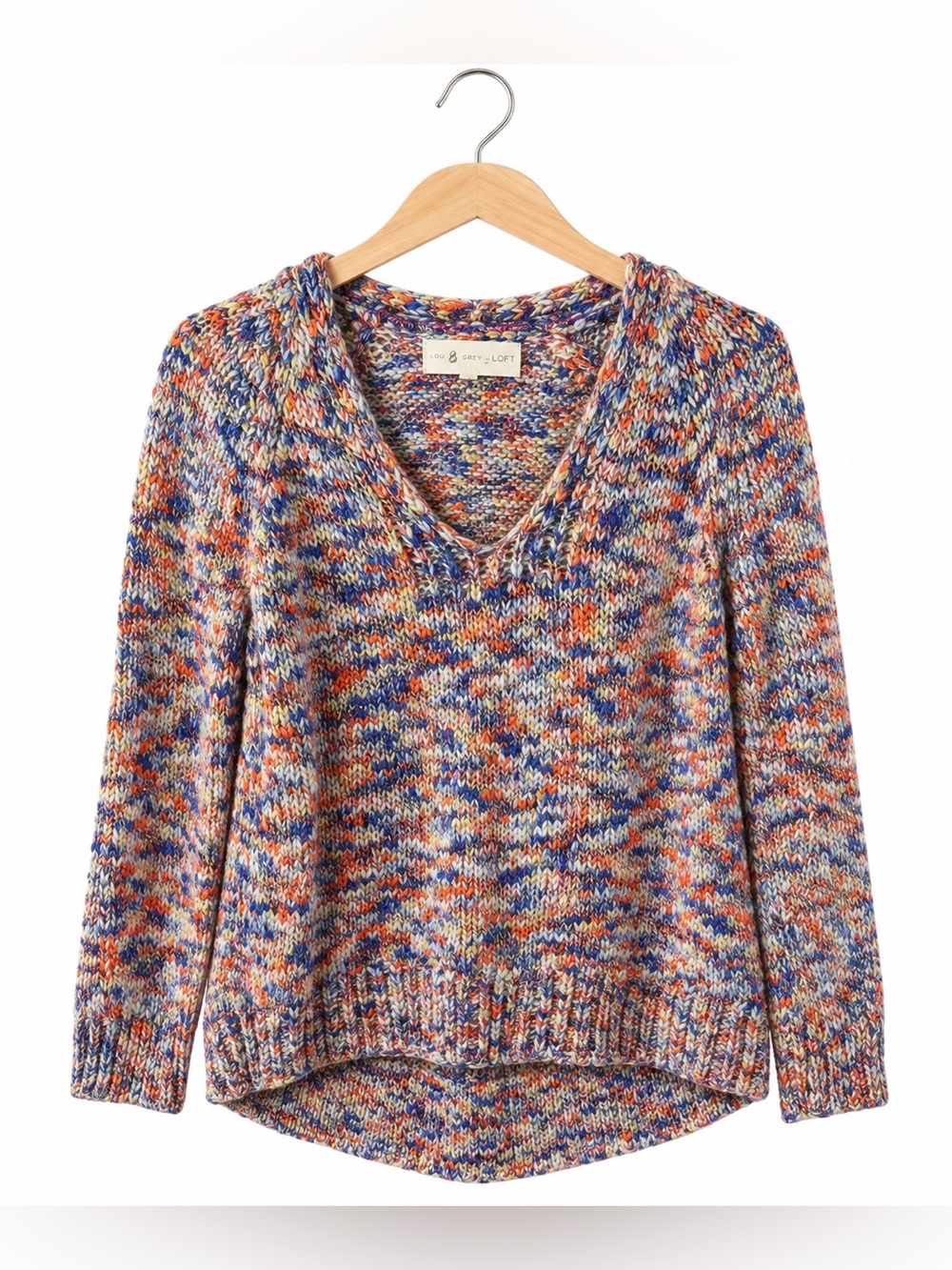 Lou & Grey LOFT Multicolor V Neck Knit Sweater Small Blue Orange Cozy Casual